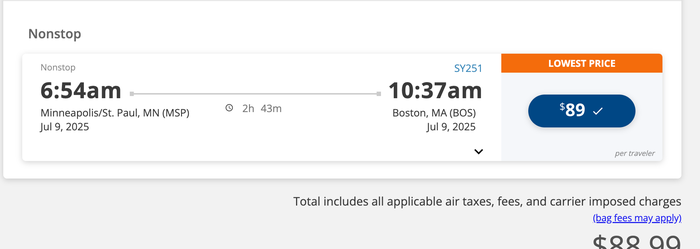 MSP BOS Sun Country MSP BOS flight price