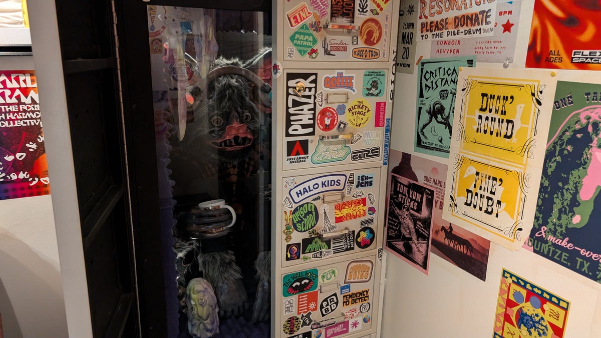 Meow Wolf Houston ETNL Radio creature in a file cabinet