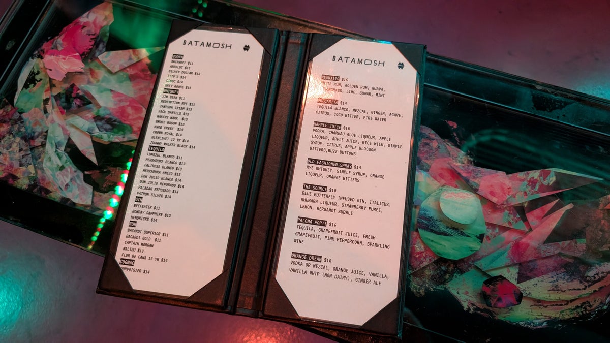 Meow Wolf Las Vegas Omega Mart Datamosh bar menu spirits and cocktails