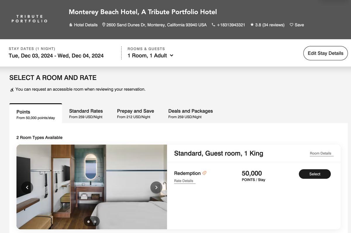 Monterey Beach Hotel cost in Marriott points