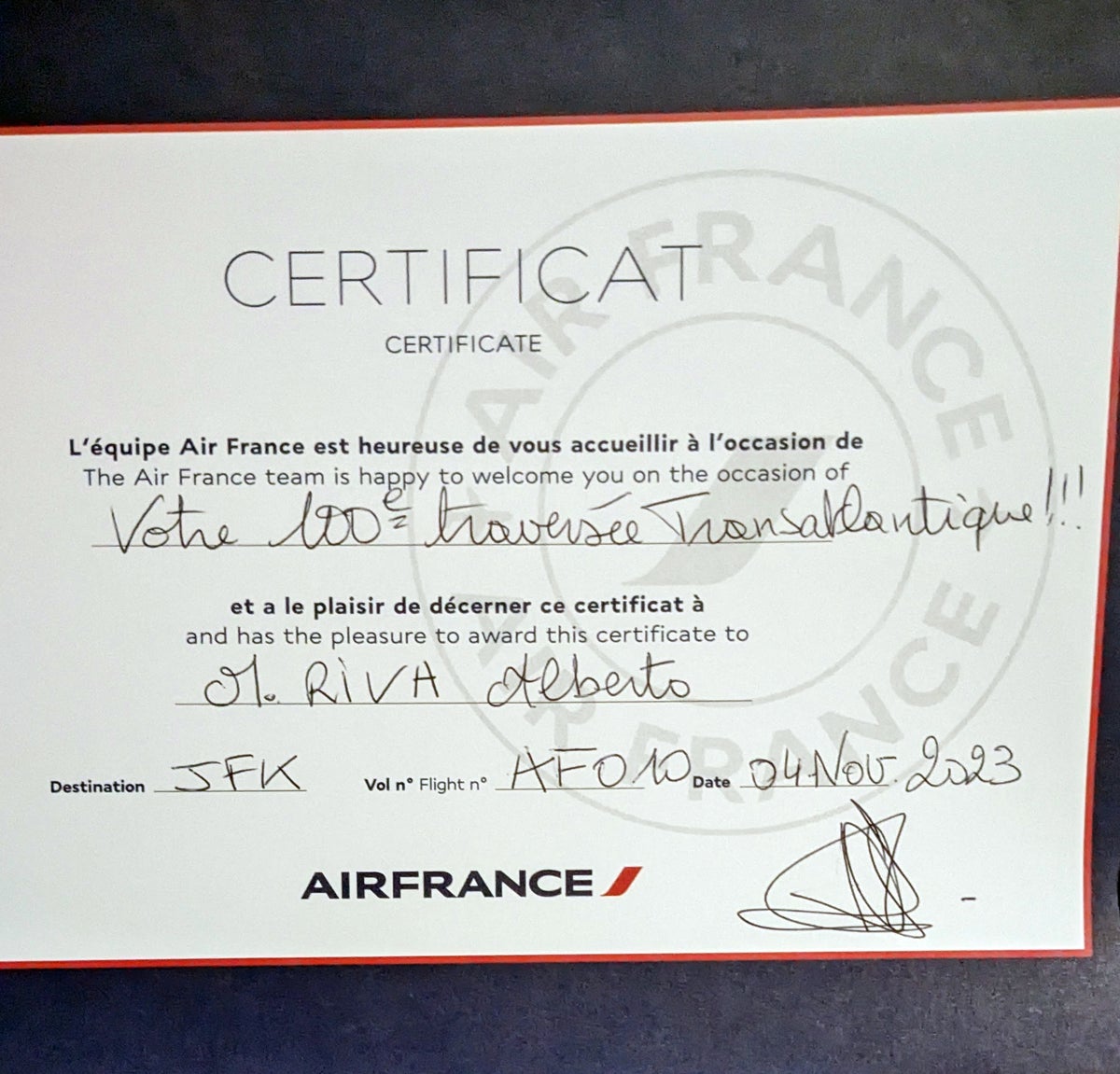 Air France 100th Atlantic crossing certificate