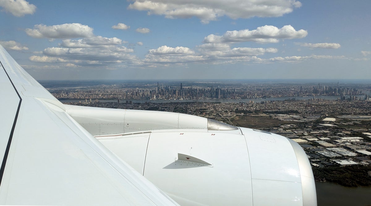 Air France A350 Newark landing wing view over Manhattan