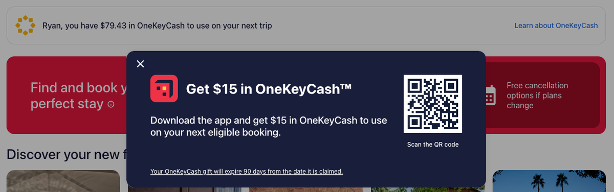 OneKeyCash bonus Hotels.com