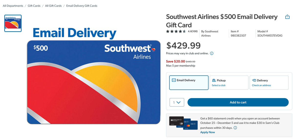 Southwest Gift Card Sams Club 429.99