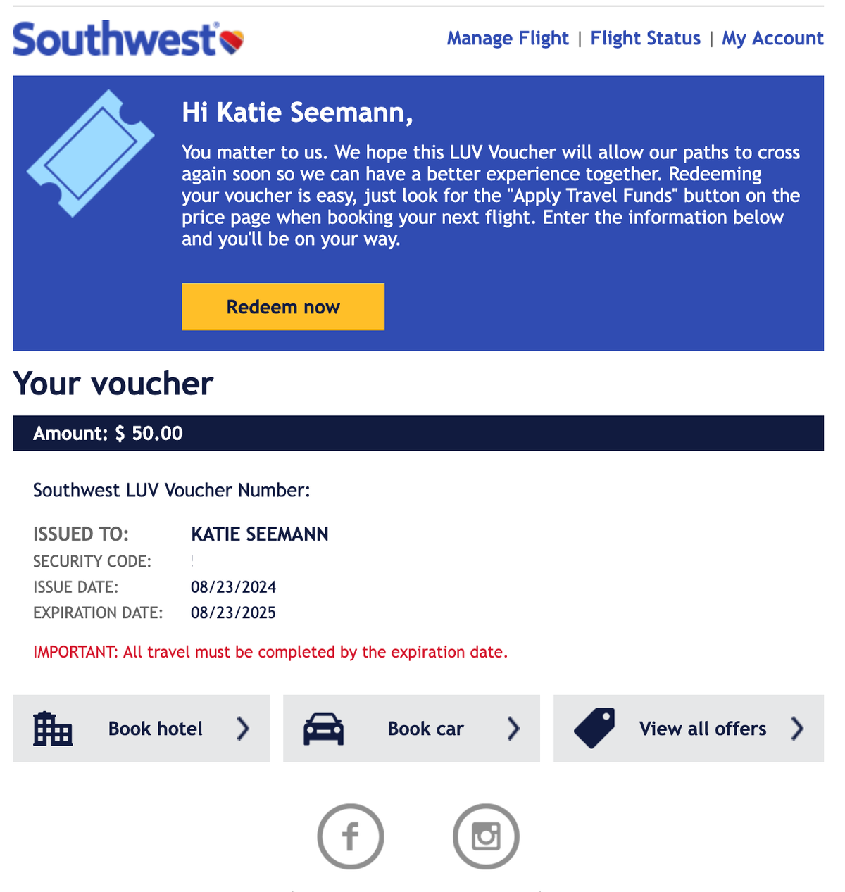 Southwest LUV Voucher email