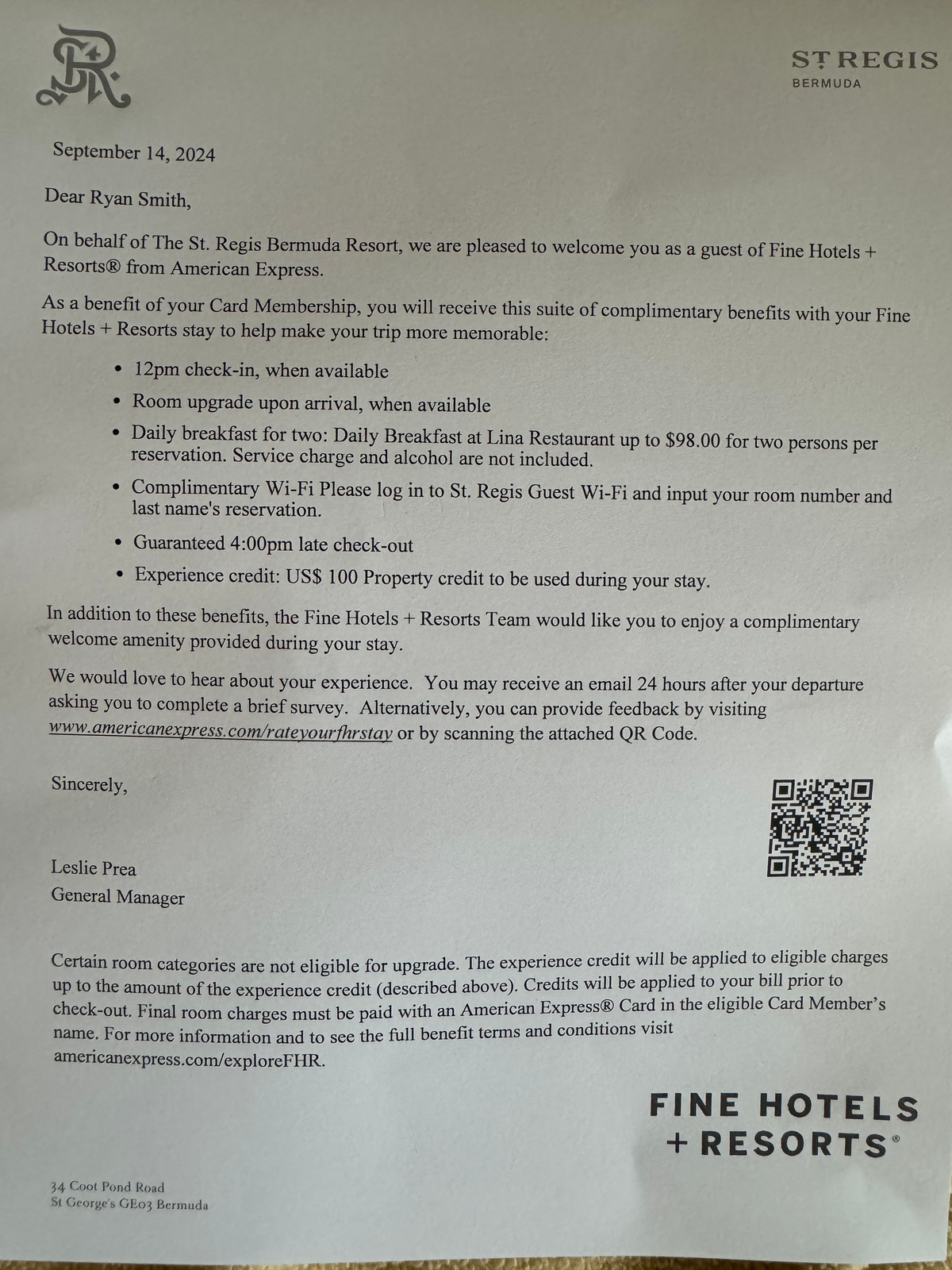 St Regis Bermuda Amex FHR letter