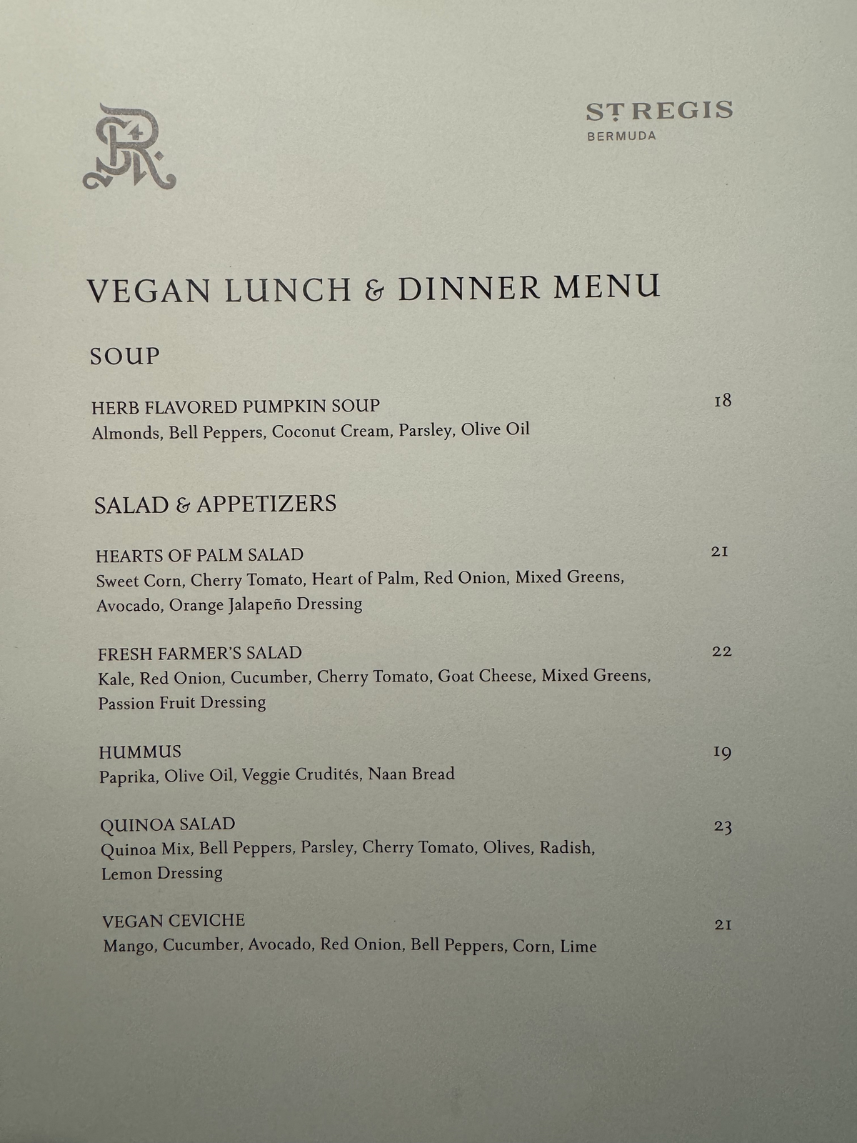 St Regis Bermuda St Regis bar vegetarian menu