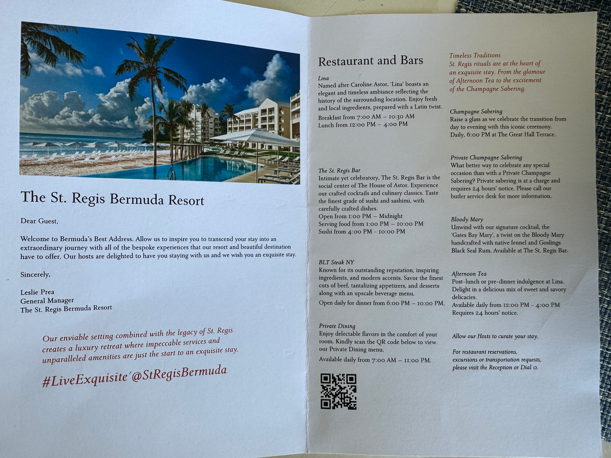 St Regis Bermuda welcome booklet inside