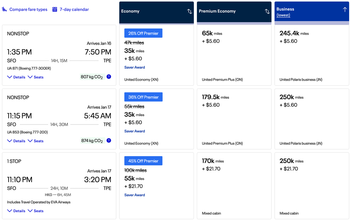 United award sale pricing SFO TPE January 2025 35k