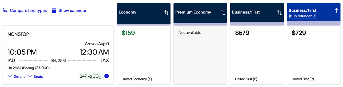 United cash cost IAD LAX in August 2025