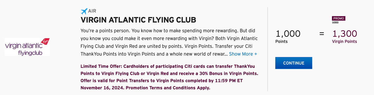 Virgin Atlantic Citi Transfer bonus