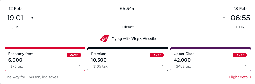 Virgin Atlantic Saver pricing JFK-LHR