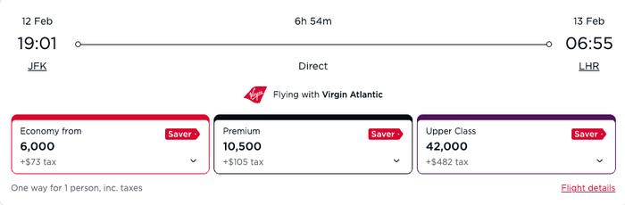 Virgin Atlantic Saver pricing JFK-LHR