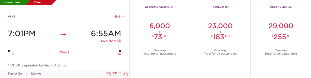 Virgin Upper Class Saver Price