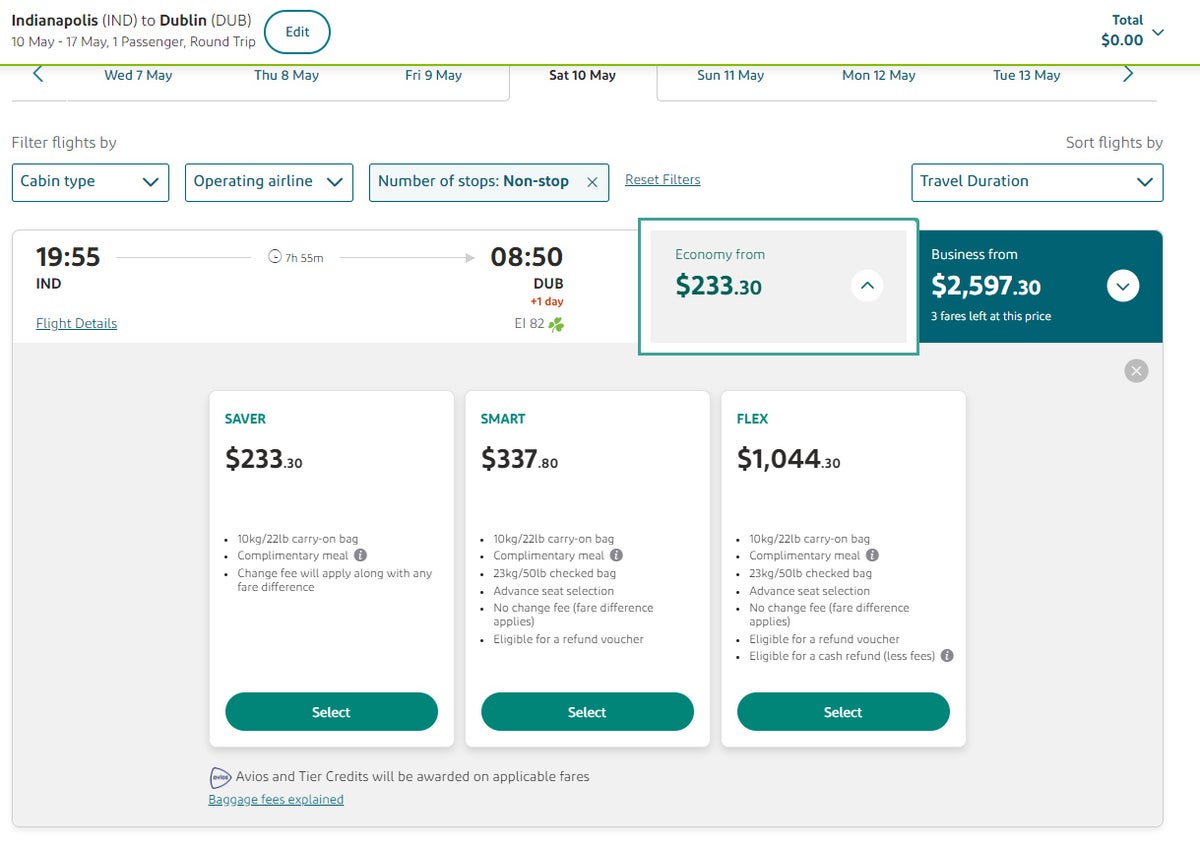 Aer Lingus Dublin to Indianapolis fares