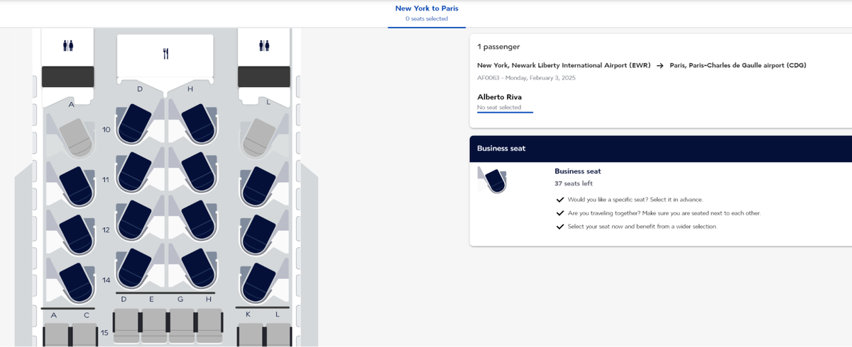 Air France new A350 business class seat map