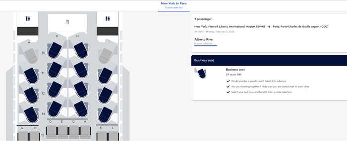 Air France new A350 business class seat map Air France new A350 business class seat map