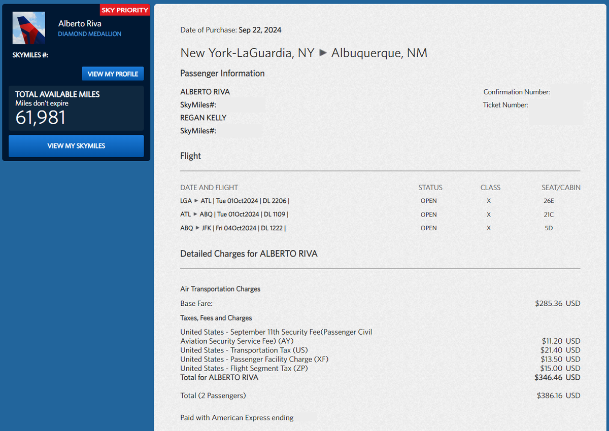 American Express Delta Reserve card companion ticket receipt