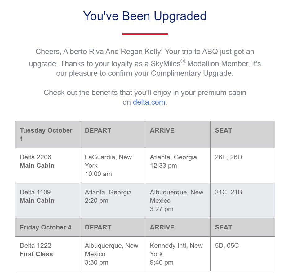 Screen cap of upgrade notice on Delta Air Lines