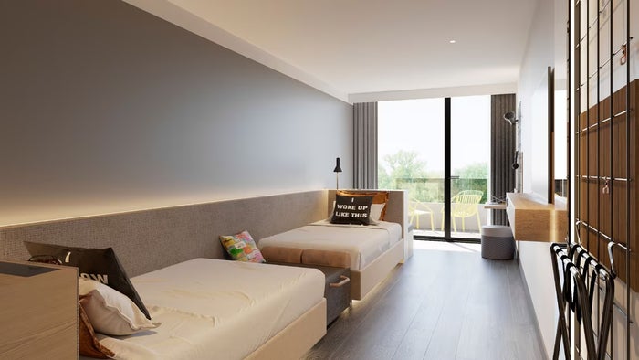 Moxy Barcelona room with 2 twin beds Moxy Barcelona room with 2 twin beds