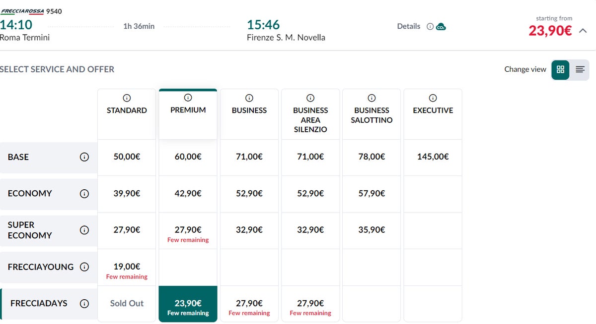 trenitalia fare options