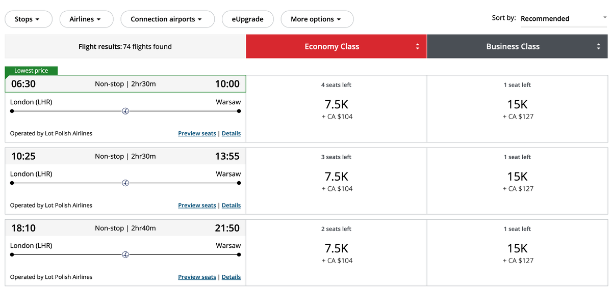 Aeroplan Award Ticket From London to Warsaw