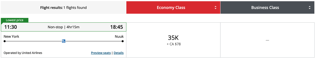 Aeroplan EWR GOH award rate