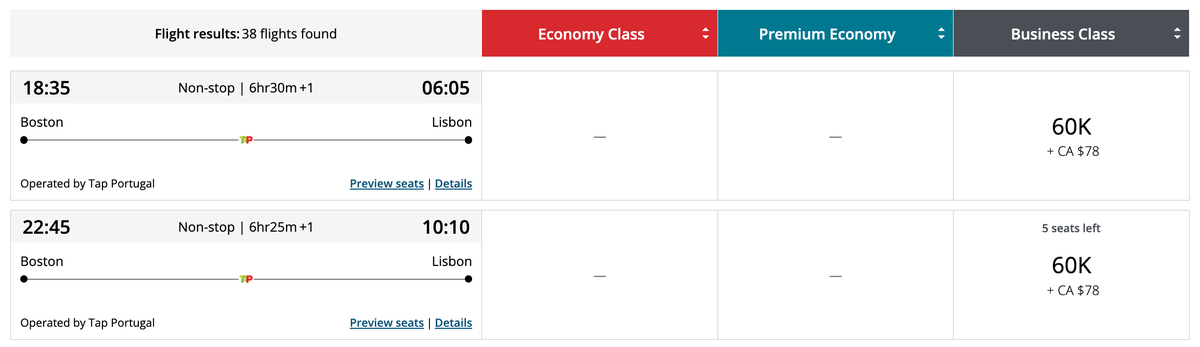 Aeroplan award BOS LIS August 2025