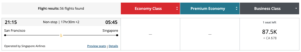 Aeroplan award Singapore Airlines SFO SIN