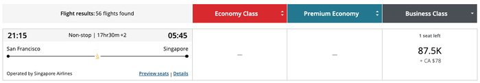 Aeroplan award Singapore Airlines SFO SIN Aeroplan award Singapore Airlines SFO SIN