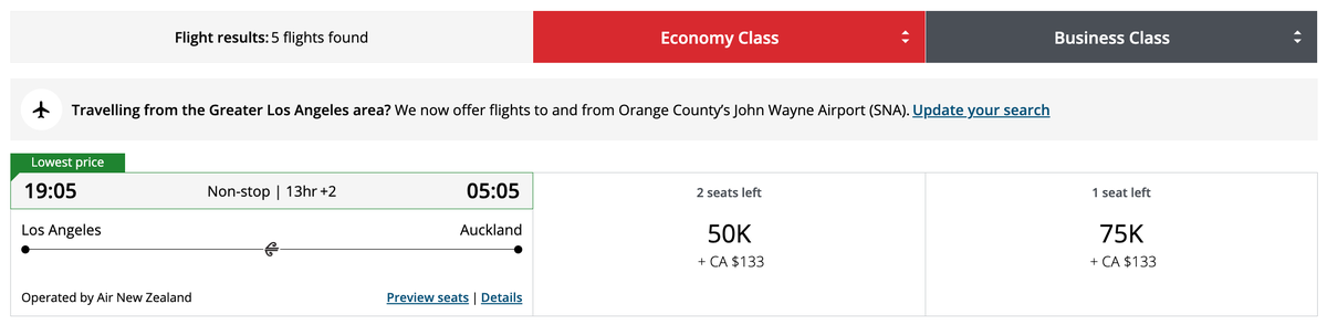 Aeroplan redemption Air New Zealand LAX AKL