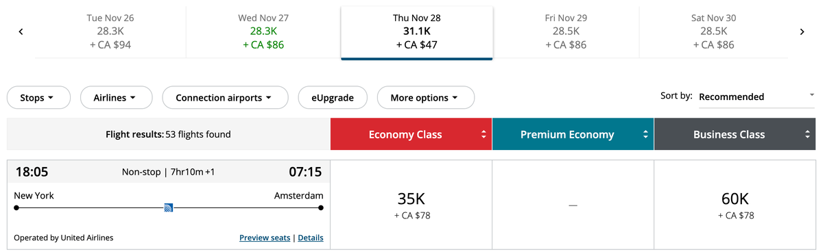 Air Canada Aeroplan award search EWR AMS