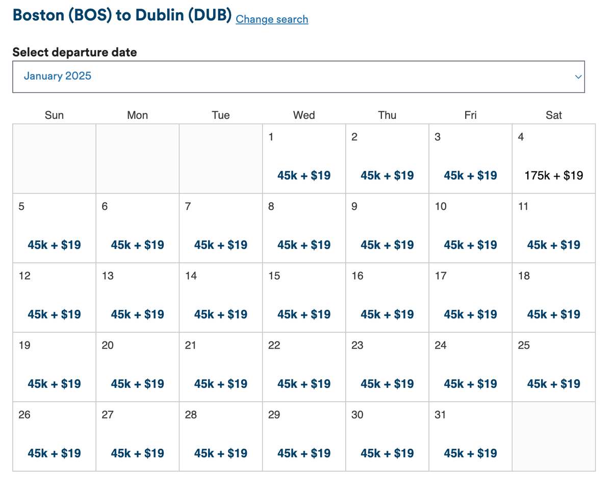 Alaska award calendar BOS DUB January 2025