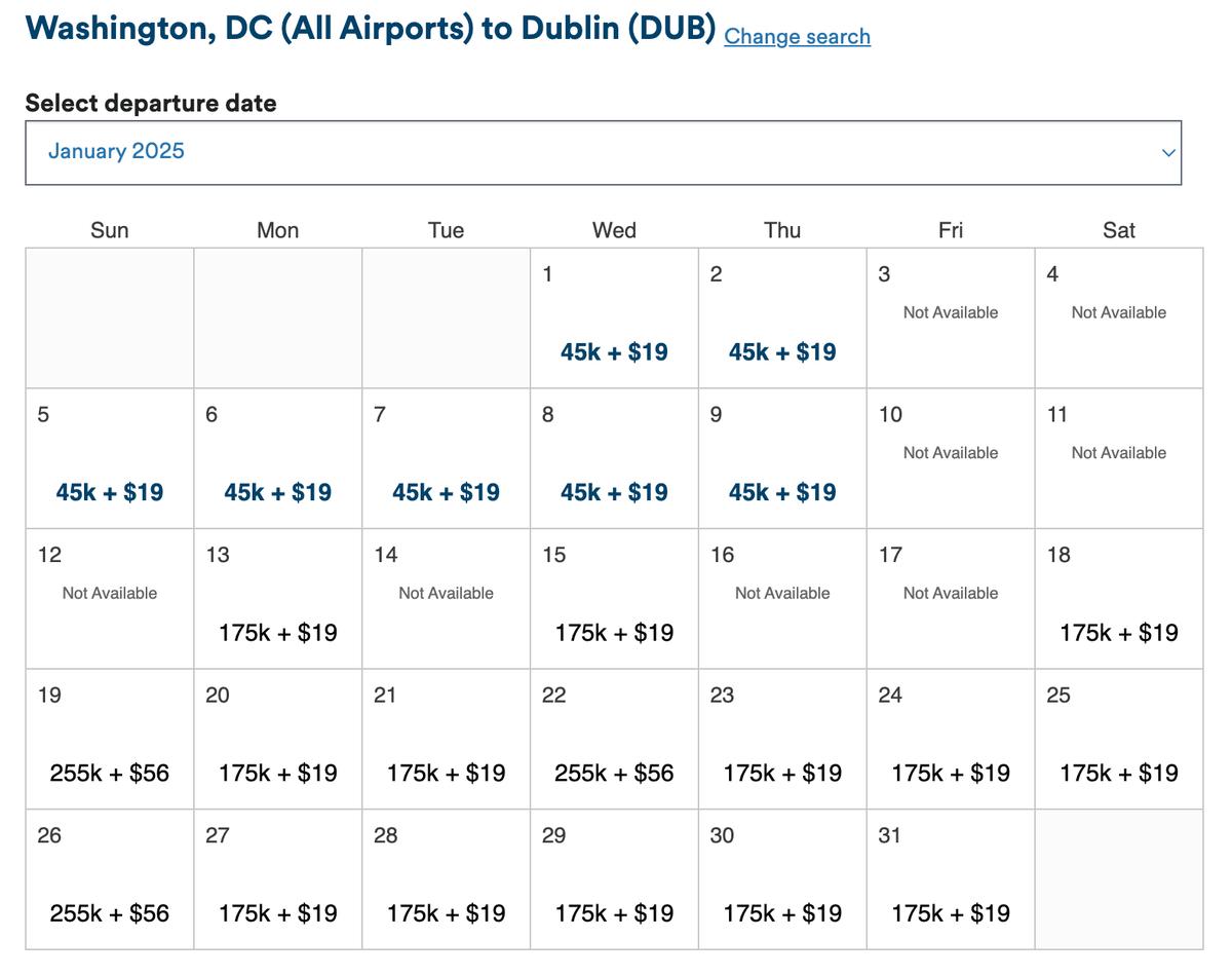 Alaska award calendar IAD DUB January 2025