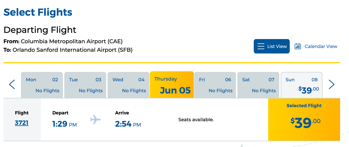 Allegiant CAE to SFB for $39