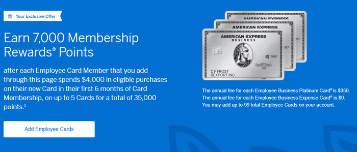 Amex Business Platinum card employee card bonus offer Amex Business Platinum card employee card bonus offer
