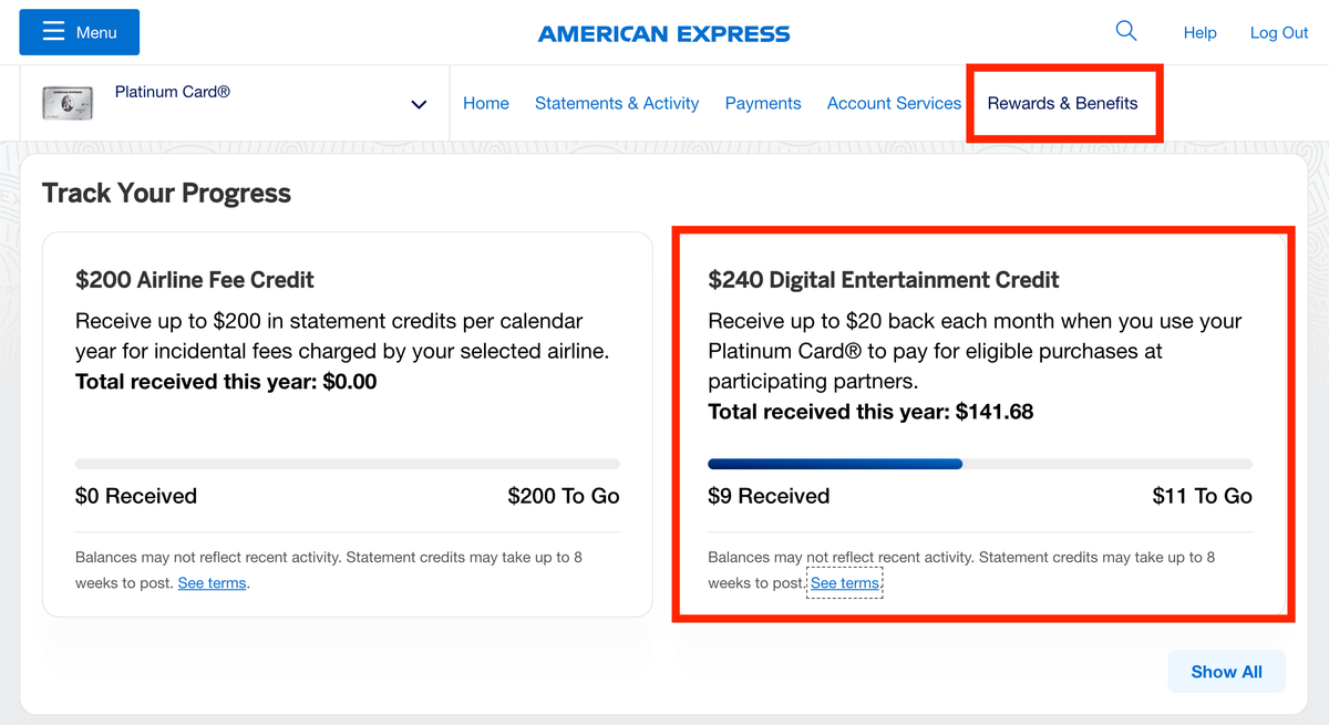 Amex Platinum digital entertainment credit registration