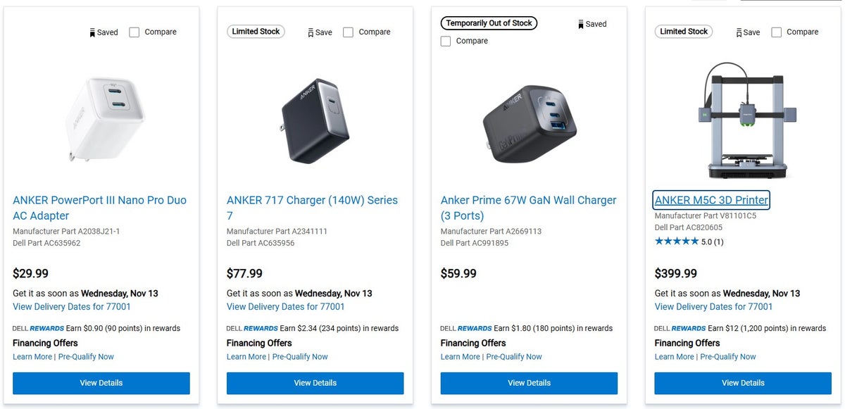 Anker chargers and 3D printer on Dell