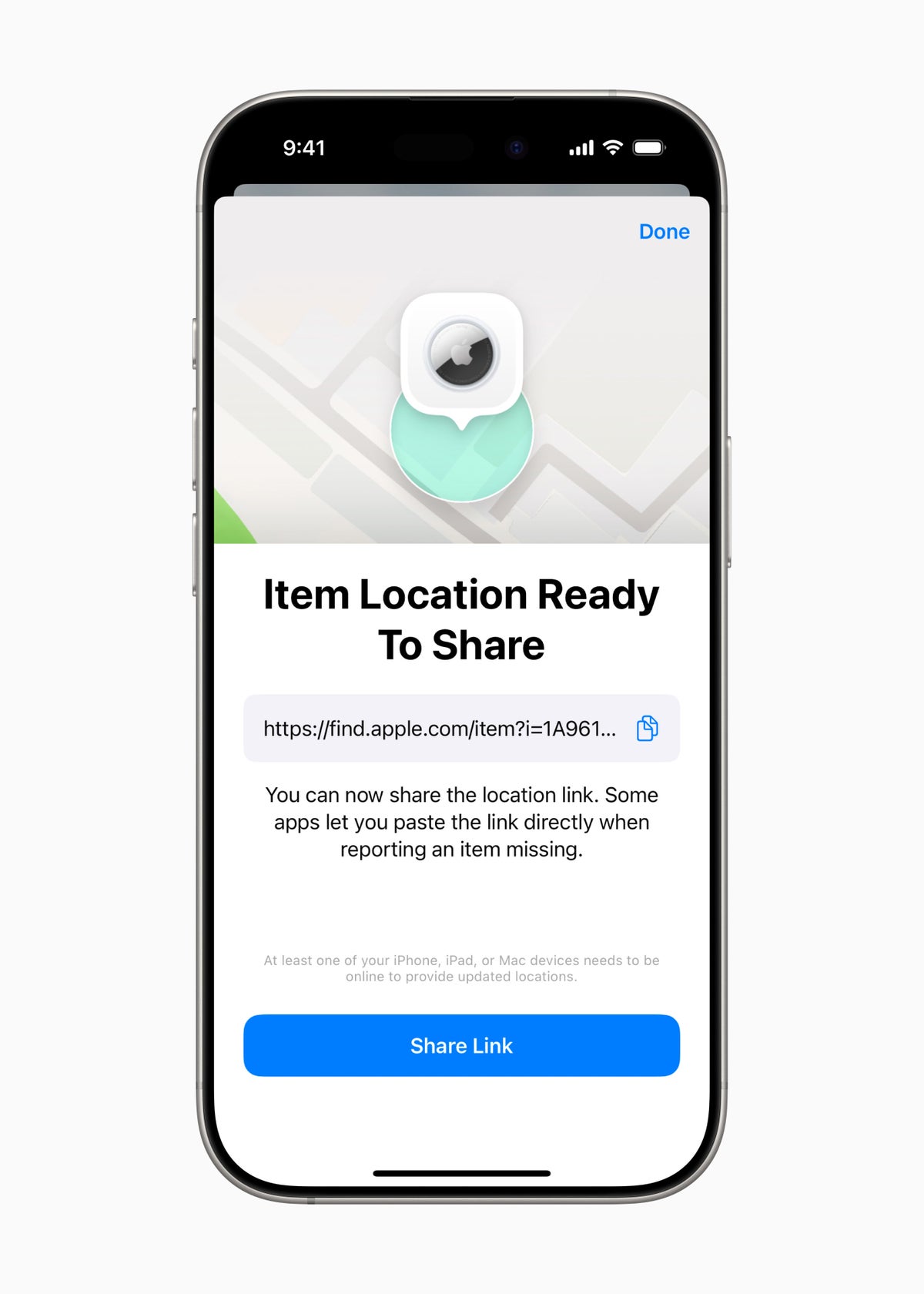 Apple Share Item Location Find My link