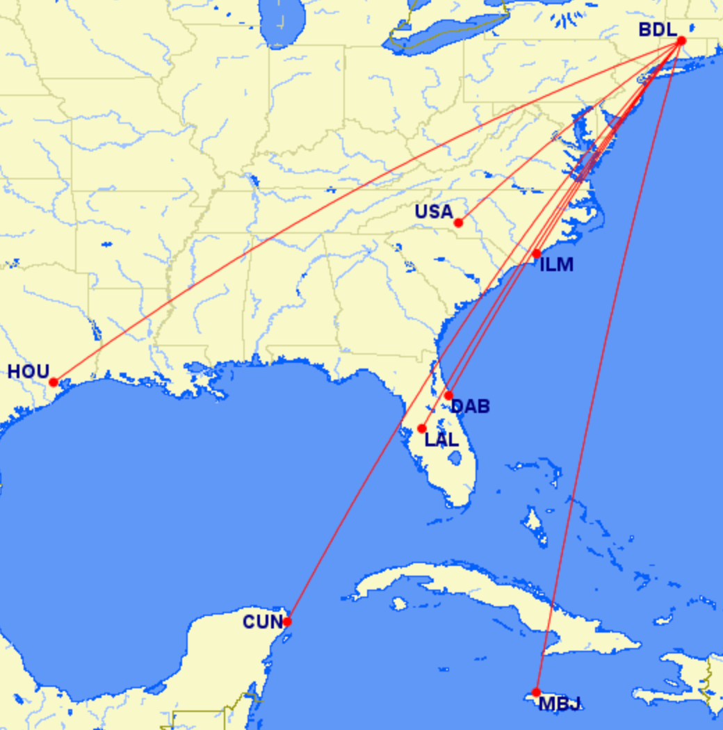 Avelo Route Map from Hartford BDL