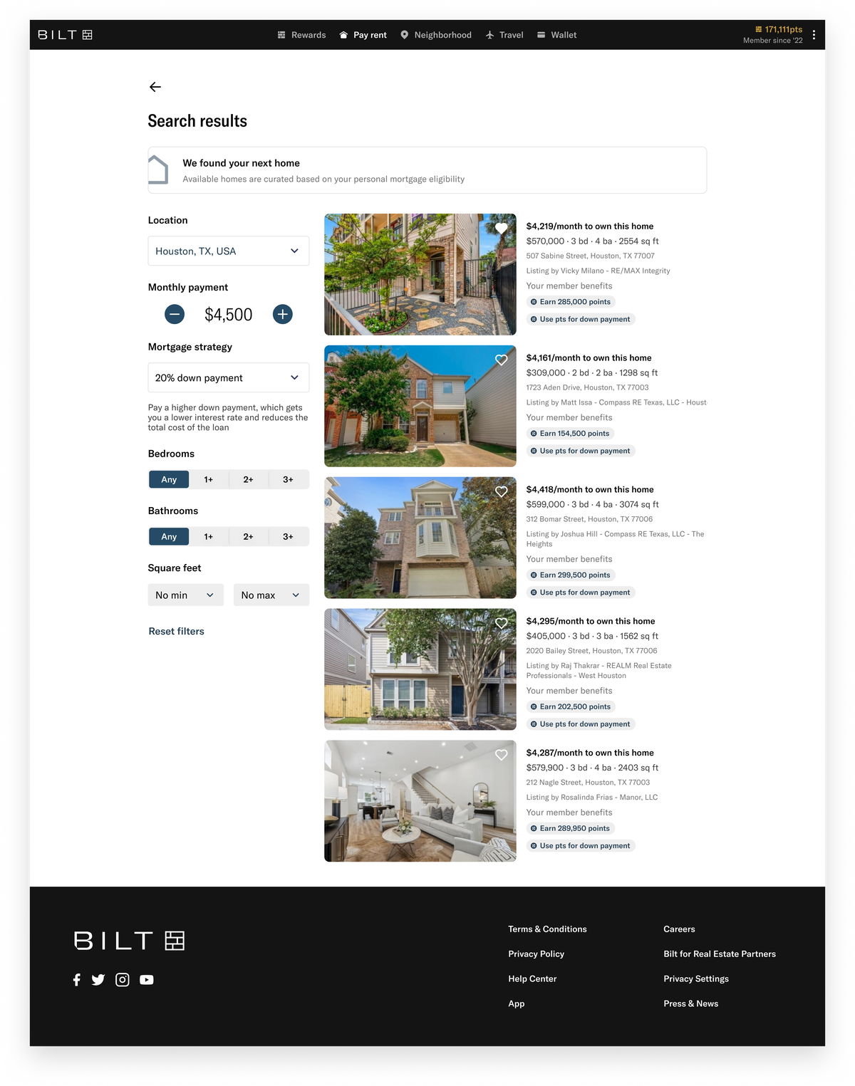 Bilt Rewards homebuying Listing results