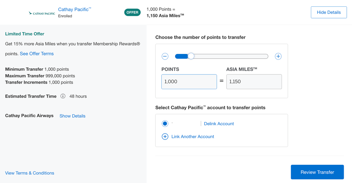 Cathay Pacific Amex transfer bonus November 2024