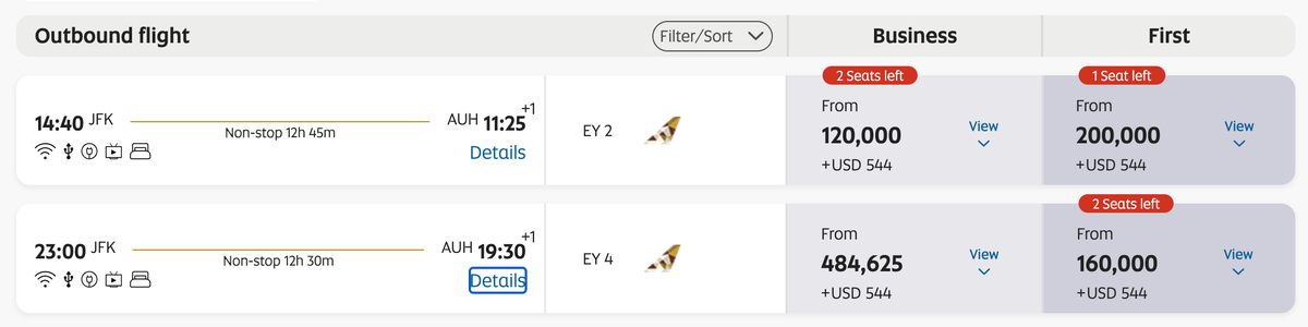 Etihad Guest JFK AUH award rates