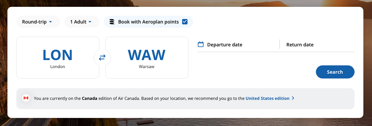 Flight Booking Options on Air Canadas website