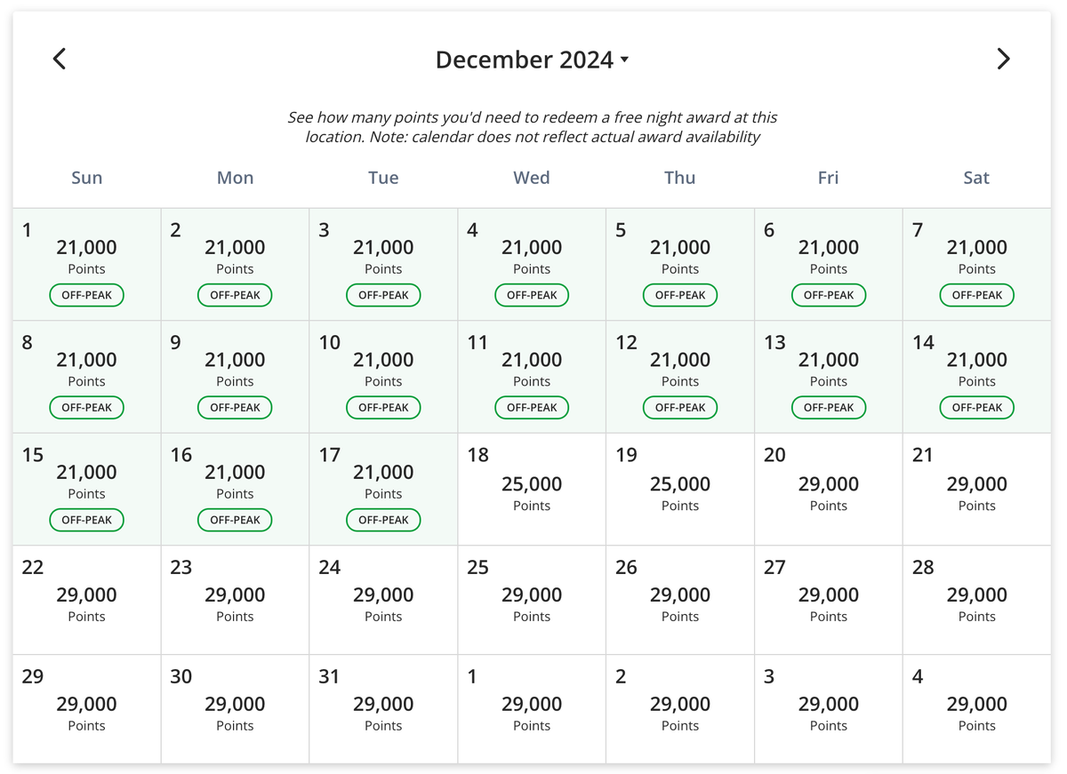 Grand Hyatt Deer Valley points calendar December 2024