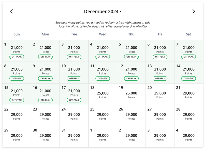 Grand Hyatt Deer Valley points calendar December 2024