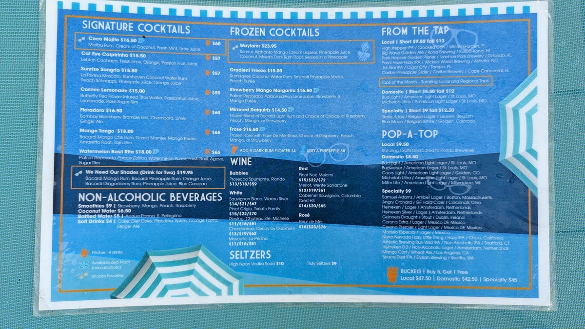 Hilton Buena Vista Palace Orlando dining Shades pool bar drink menu