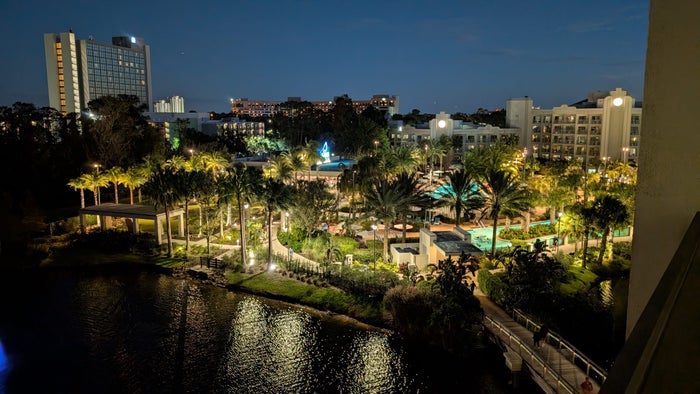 Hilton Buena Vista Palace Orlando guestroom balcony nighttime view Hilton Buena Vista Palace Orlando guestroom balcony nighttime view