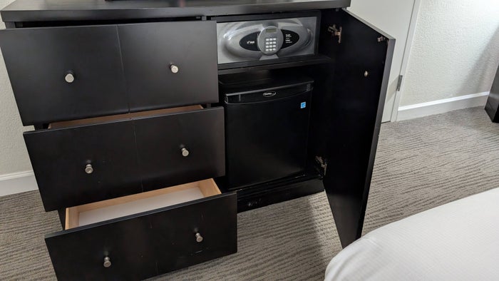 Hilton Buena Vista Palace Orlando guestroom dresser drawers and minifridge Hilton Buena Vista Palace Orlando guestroom dresser drawers and minifridge