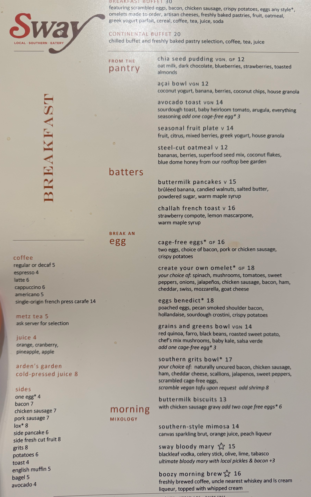 Hyatt Regency Atlanta Sway breakfast menu